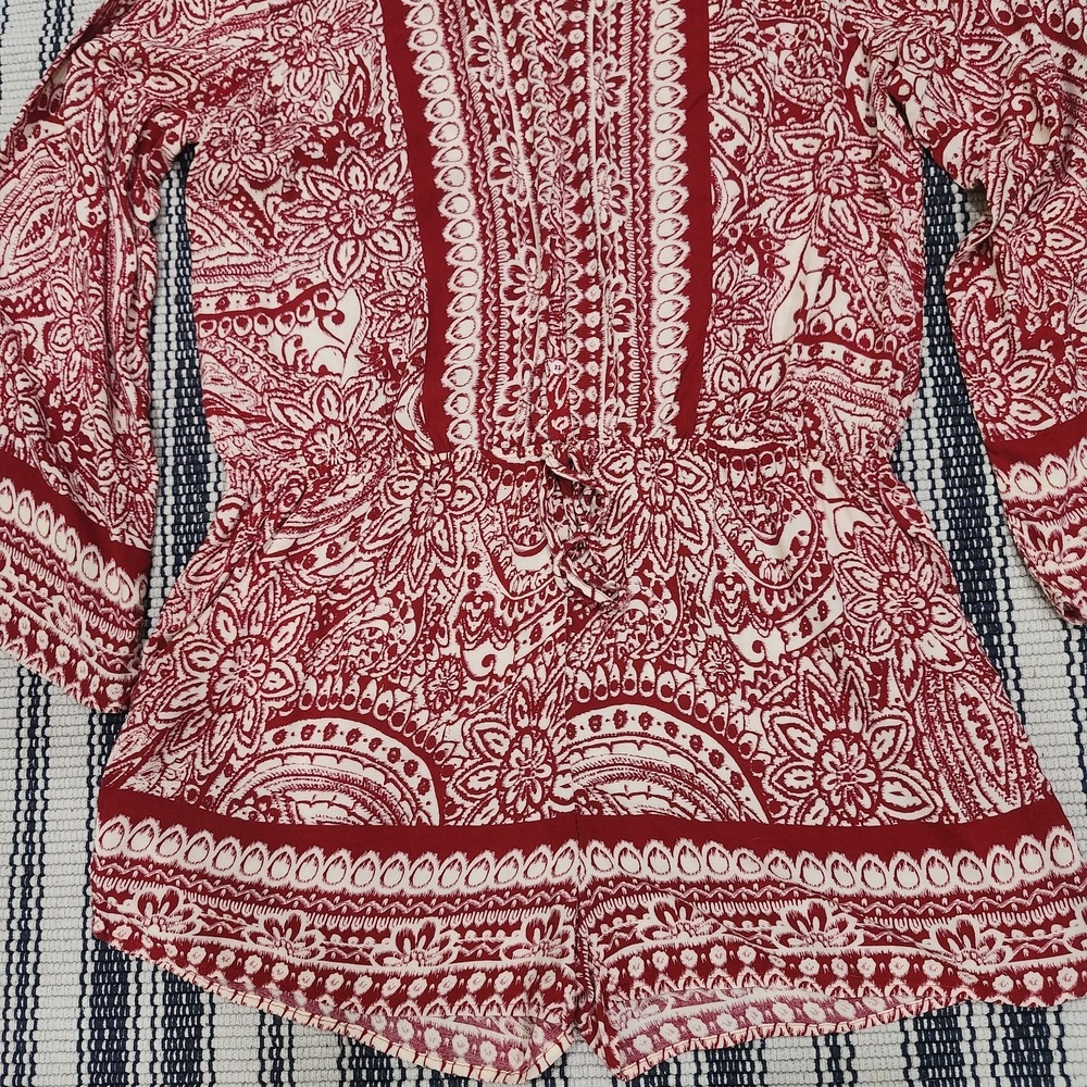 Umgee USA 1XL Red Paisley Boho Romper Long Sleeve Drawstring Shorts - Picture 3 of 9